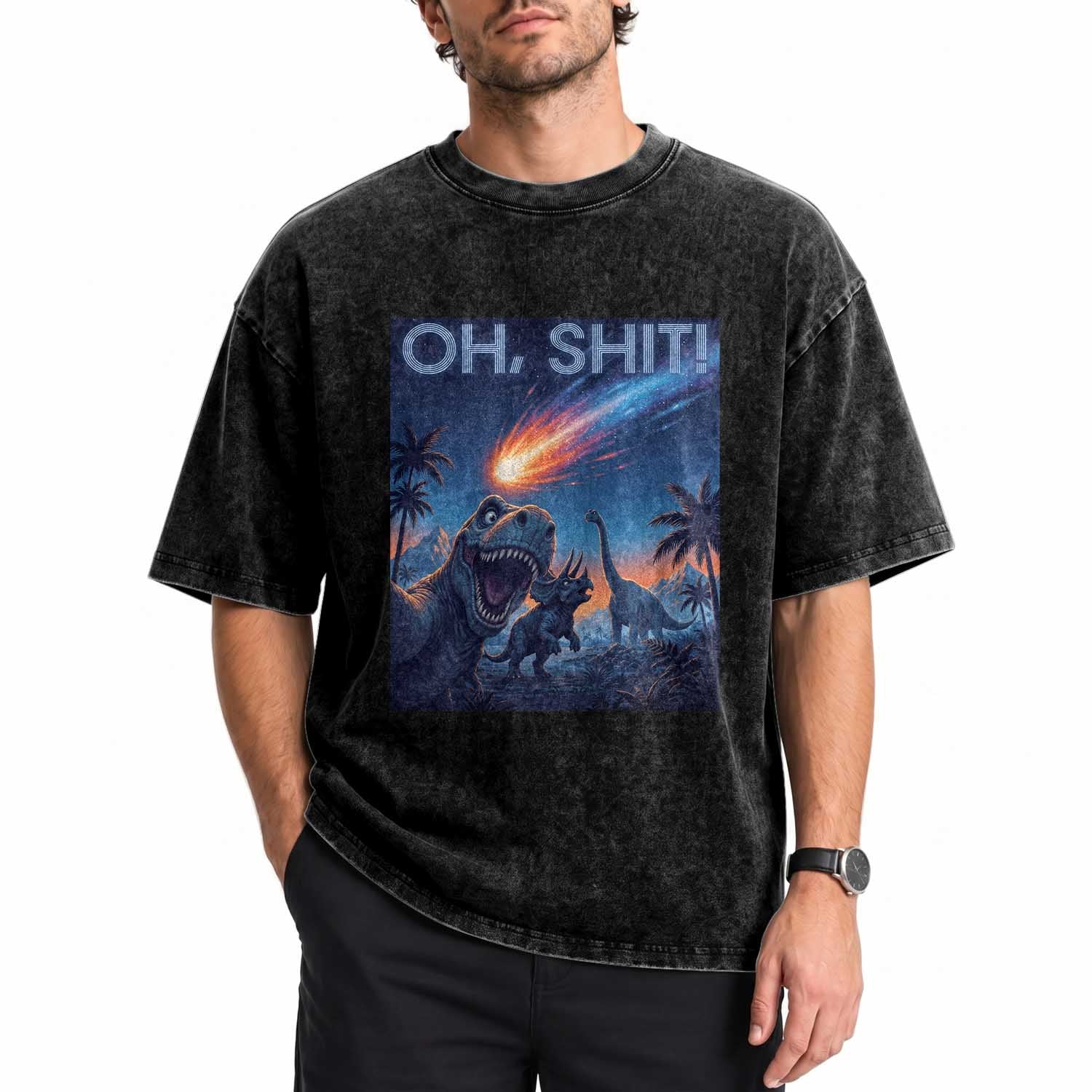 Funny Dinosaur Meteorite Washed Cotton T-Shirt Astronomy Lover Gift
