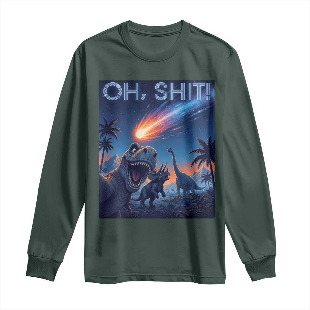 Funny Dinosaur Meteorite Long Sleeve Shirt Astronomy Lover Gift TS12 Dark Forest Green Print Your Wear