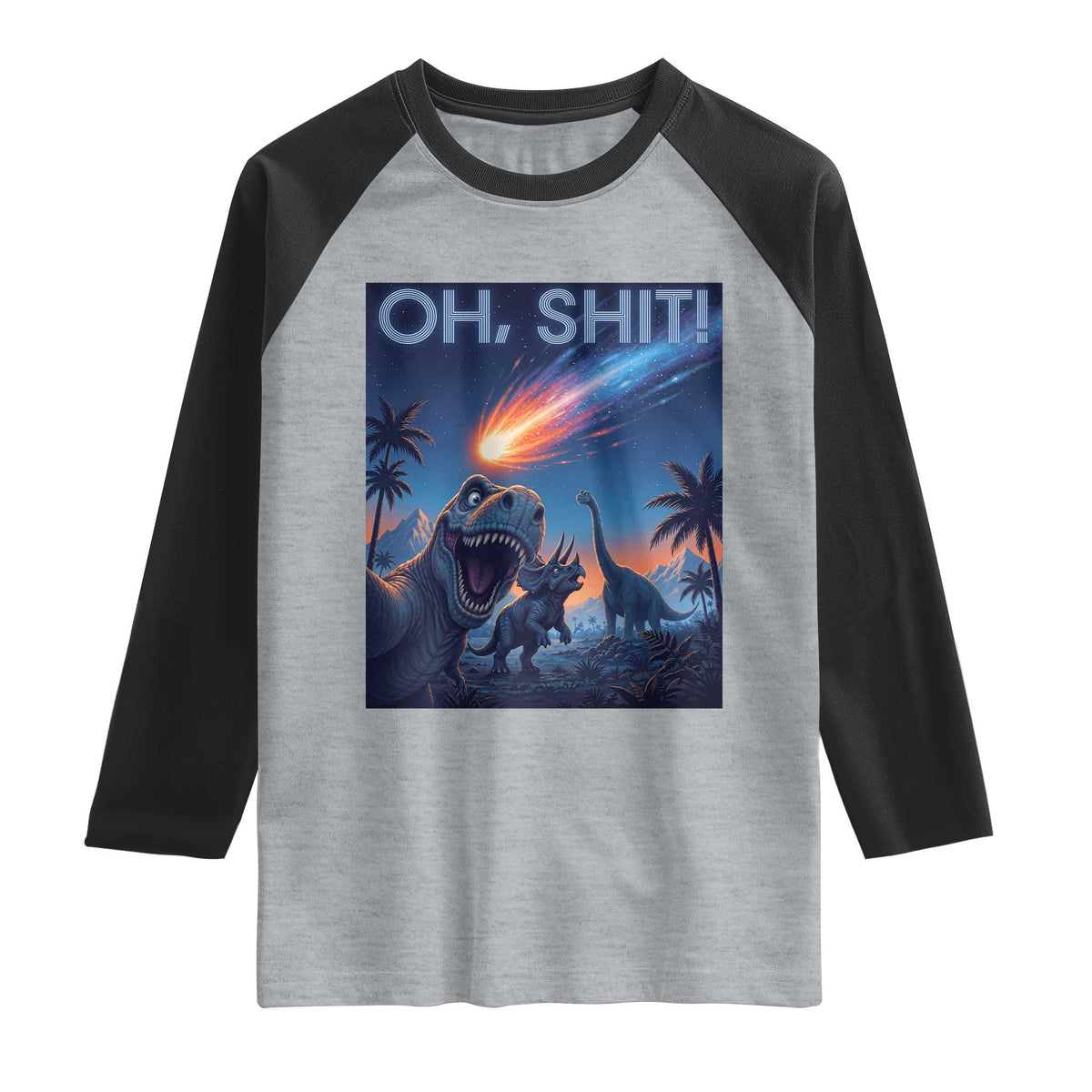Funny Dinosaur Meteorite Raglan Shirt Astronomy Lover Gift TS12 Heather Gray Black Print Your Wear