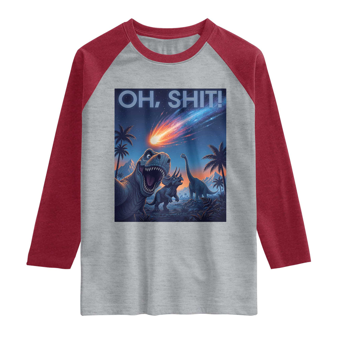 Funny Dinosaur Meteorite Raglan Shirt Astronomy Lover Gift TS12 Heather Gray Heather Red Print Your Wear