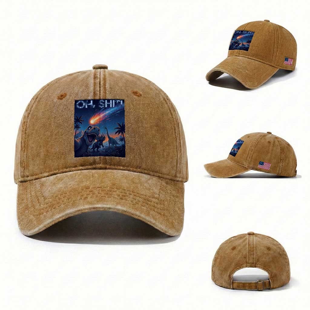 Funny Dinosaur Meteorite Washed Cotton Baseball Cap Astronomy Lover Gift TS12 Washed Cap Universal Fit Yellow Ochre Print Your Wear