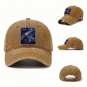 Funny Dinosaur Meteorite Washed Cotton Baseball Cap Astronomy Lover Gift TS12 Washed Cap Universal Fit Yellow Ochre Print Your Wear
