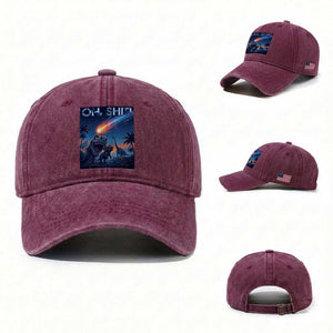 Funny Dinosaur Meteorite Washed Cotton Baseball Cap Astronomy Lover Gift TS12 Washed Cap Universal Fit Burgundy Print Your Wear