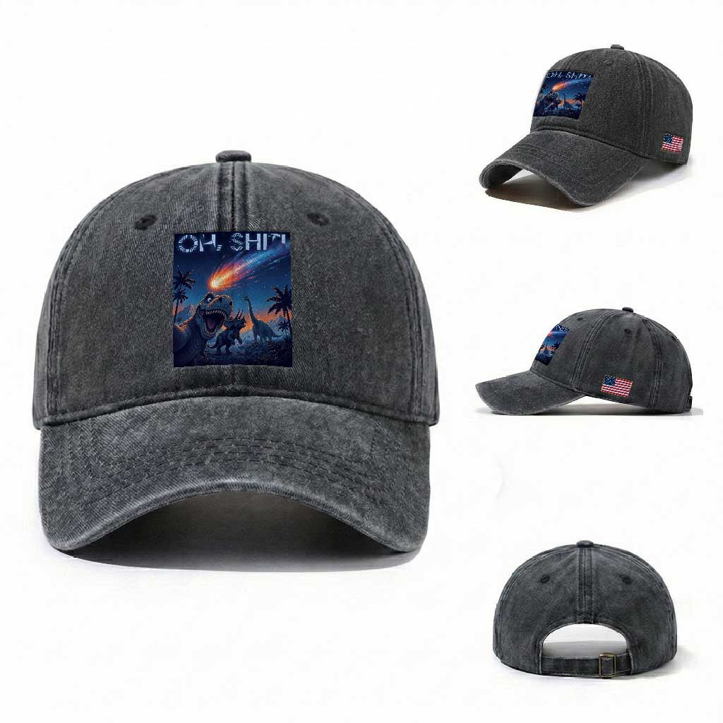 Funny Dinosaur Meteorite Washed Cotton Baseball Cap Astronomy Lover Gift TS12 Washed Cap Universal Fit Dark Gray Print Your Wear