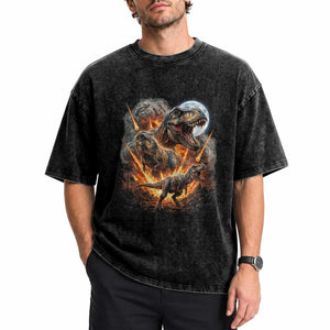 Funny Dinosaur Meteorite Strike Washed Cotton T-Shirt Epic Paleontology Gift