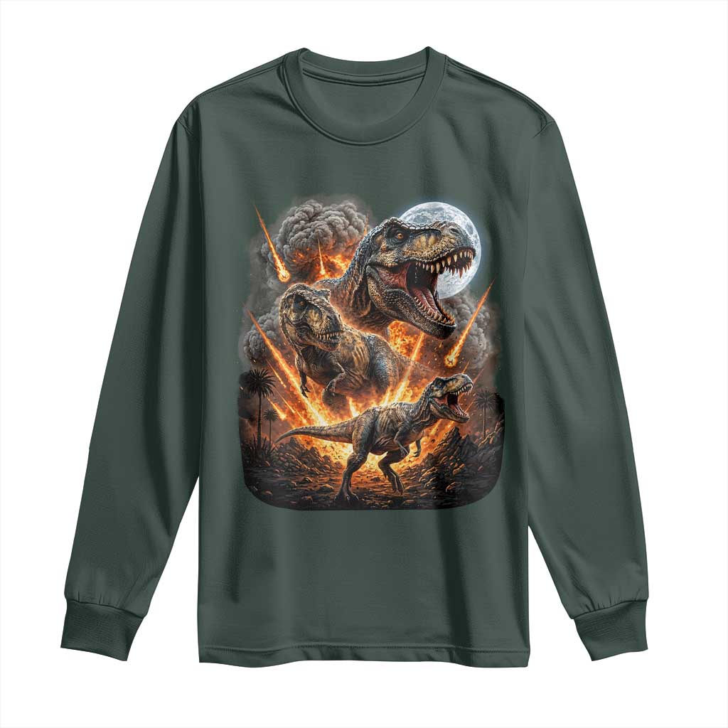 Funny Dinosaur Meteorite Strike Long Sleeve Shirt Epic Paleontology Gift TS12 Dark Forest Green Print Your Wear