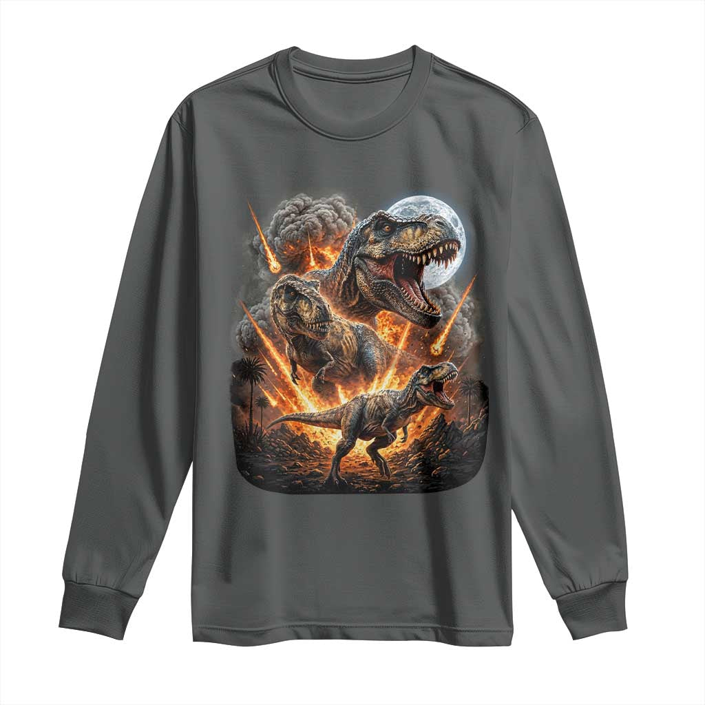 Funny Dinosaur Meteorite Strike Long Sleeve Shirt Epic Paleontology Gift TS12 Dark Heather Print Your Wear
