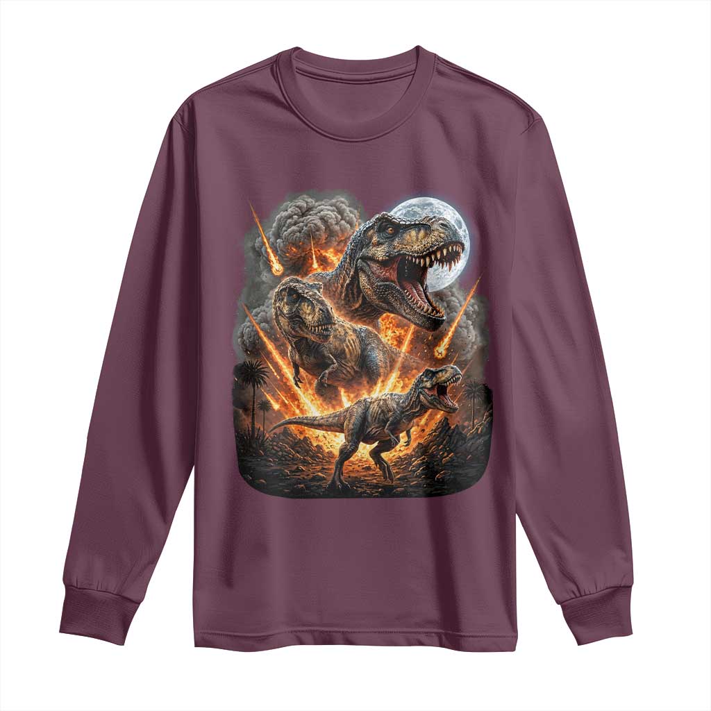 Funny Dinosaur Meteorite Strike Long Sleeve Shirt Epic Paleontology Gift TS12 Maroon Print Your Wear