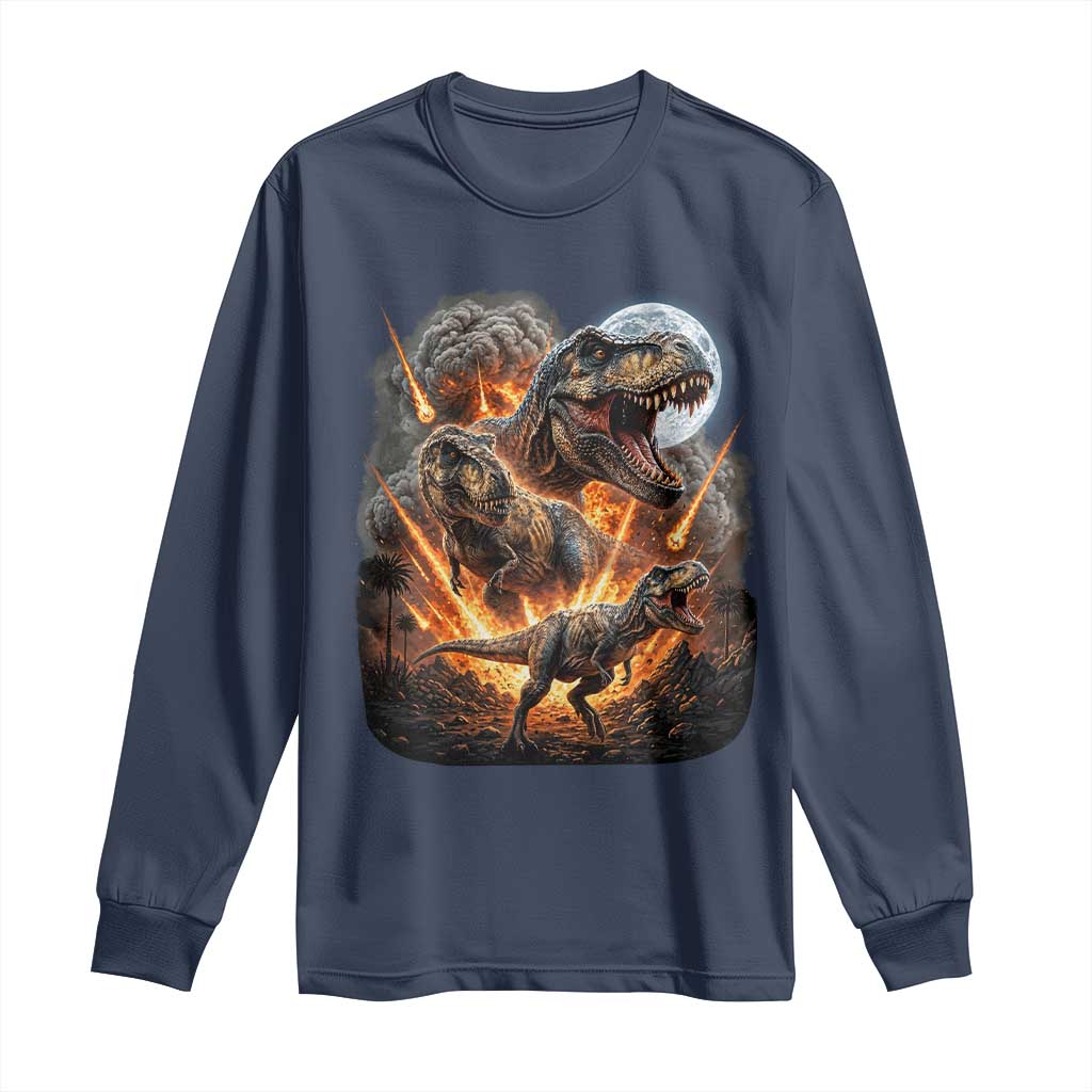 Funny Dinosaur Meteorite Strike Long Sleeve Shirt Epic Paleontology Gift TS12 Navy Print Your Wear