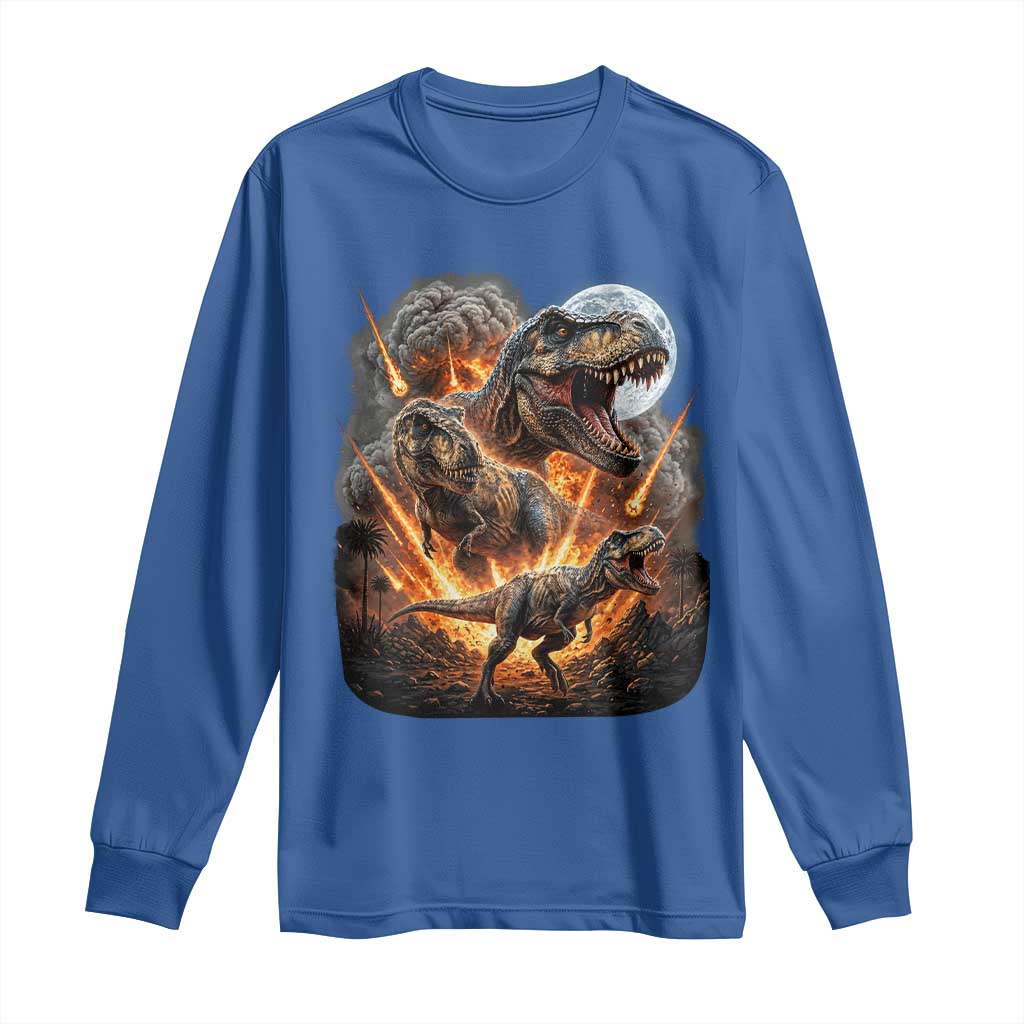 Funny Dinosaur Meteorite Strike Long Sleeve Shirt Epic Paleontology Gift TS12 Royal Blue Print Your Wear