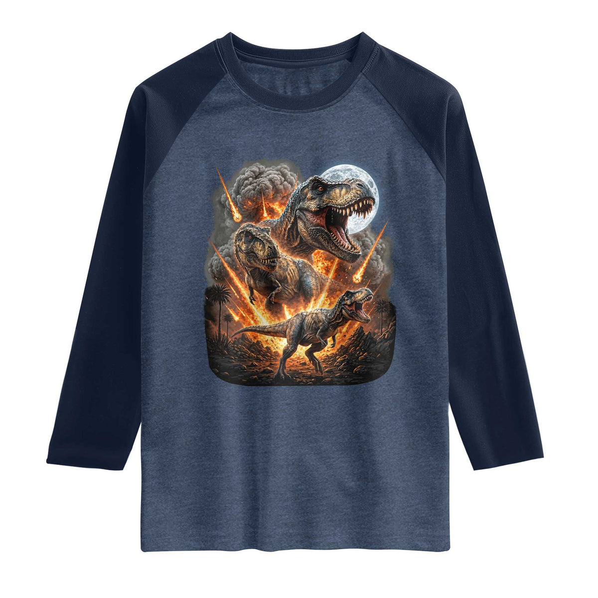 Funny Dinosaur Meteorite Strike Raglan Shirt Epic Paleontology Gift TS12 Heather Denim Navy Print Your Wear