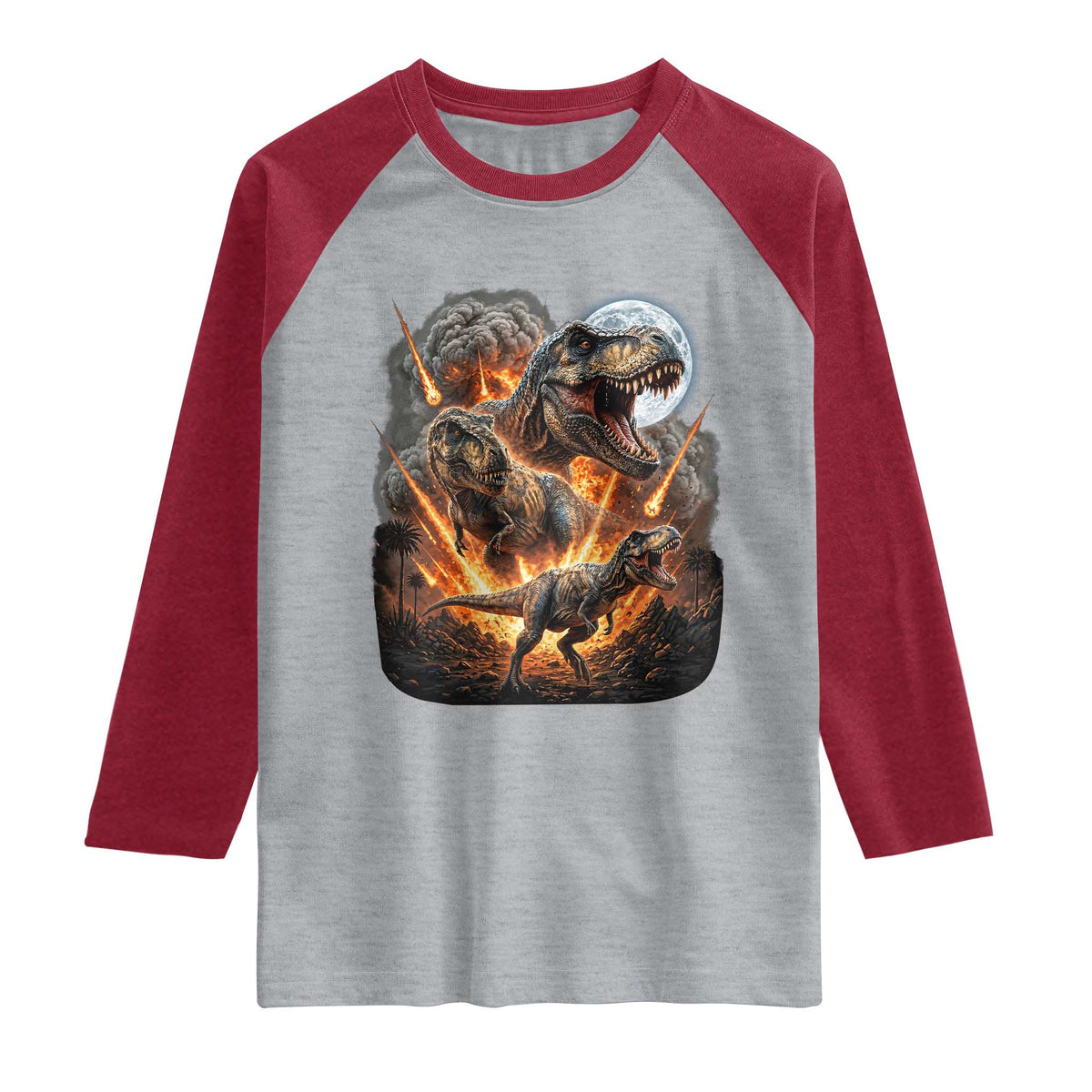 Funny Dinosaur Meteorite Strike Raglan Shirt Epic Paleontology Gift TS12 Heather Gray Heather Red Print Your Wear
