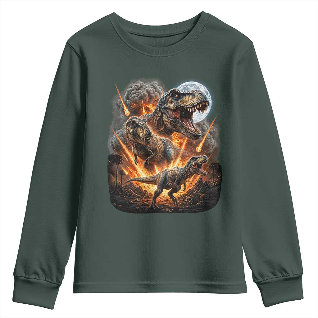 Funny Dinosaur Meteorite Strike Youth Sweatshirt Epic Paleontology Gift TS12 Dark Forest Green Print Your Wear