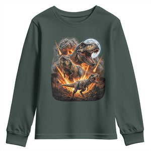Funny Dinosaur Meteorite Strike Youth Sweatshirt Epic Paleontology Gift TS12 Dark Forest Green Print Your Wear