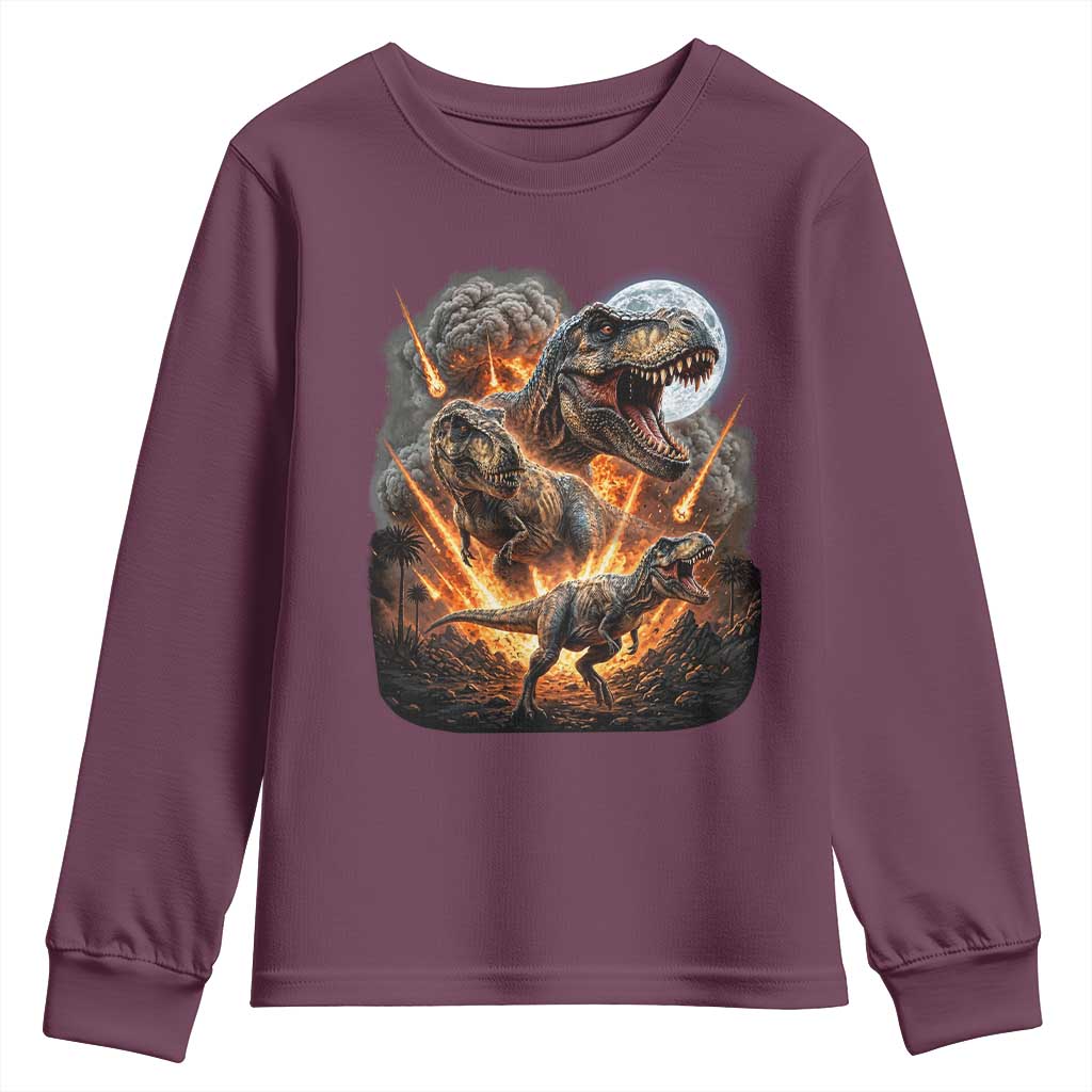 Funny Dinosaur Meteorite Strike Youth Sweatshirt Epic Paleontology Gift TS12 Maroon Print Your Wear