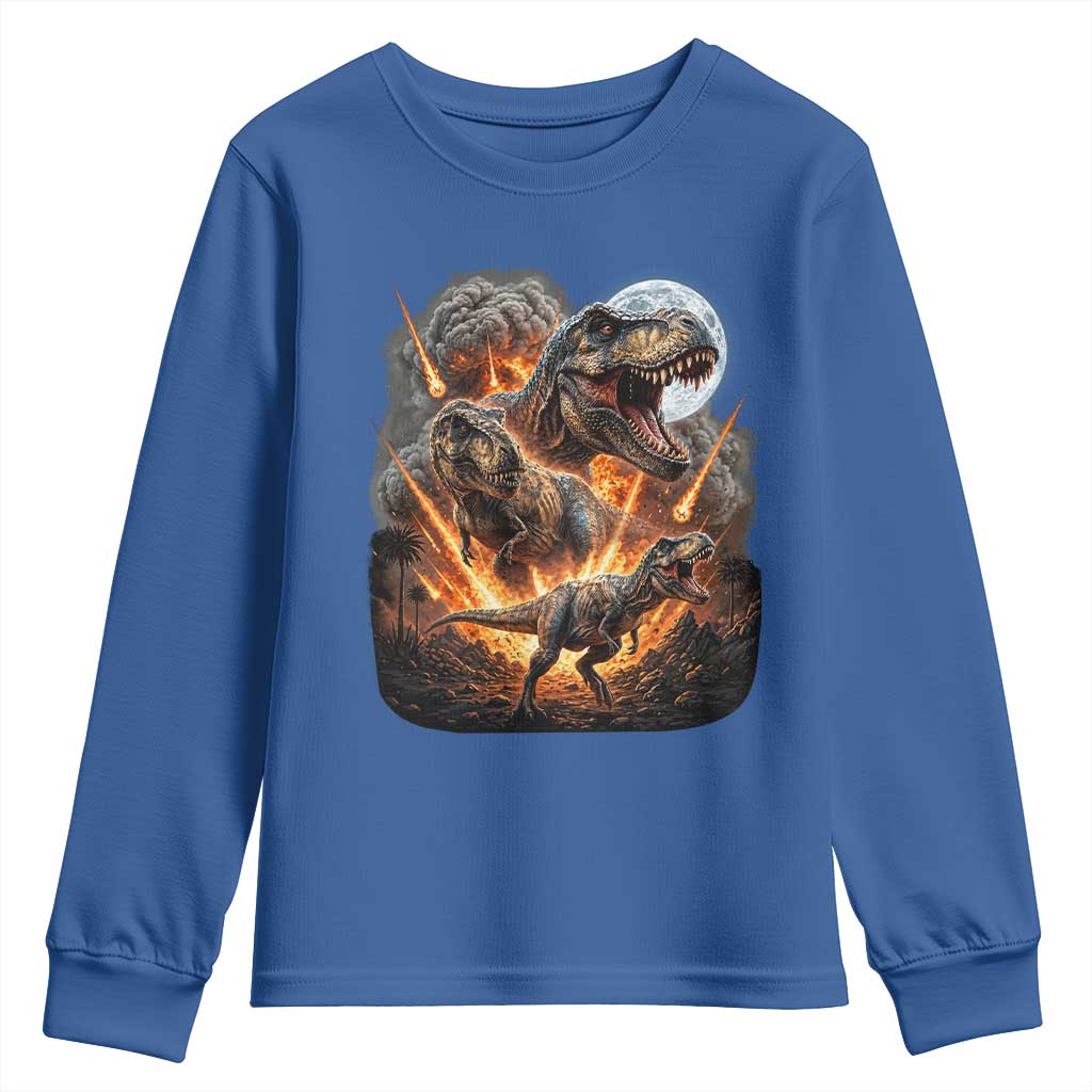Funny Dinosaur Meteorite Strike Youth Sweatshirt Epic Paleontology Gift TS12 Royal Blue Print Your Wear