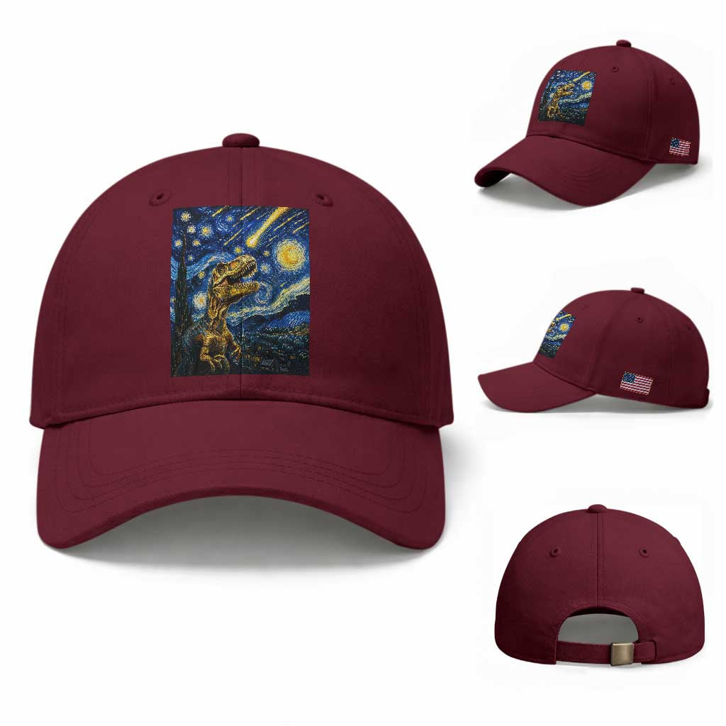 Dinosaur Starry Night Meteor Shower Baseball Cap Astronomy Lover Gift TS12 Baseball Cap Universal Fit Maroon Print Your Wear