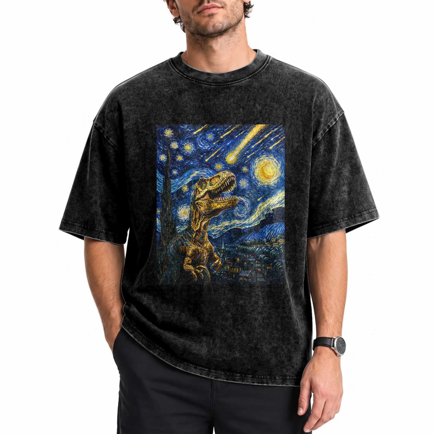 Dinosaur Starry Night Meteor Shower Washed Cotton T-Shirt Astronomy Lover Gift