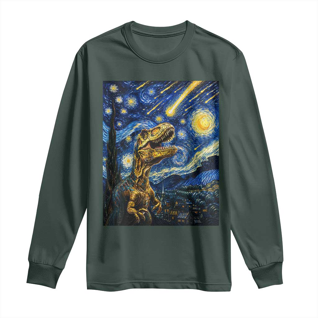 Dinosaur Starry Night Meteor Shower Long Sleeve Shirt Astronomy Lover Gift TS12 Dark Forest Green Print Your Wear