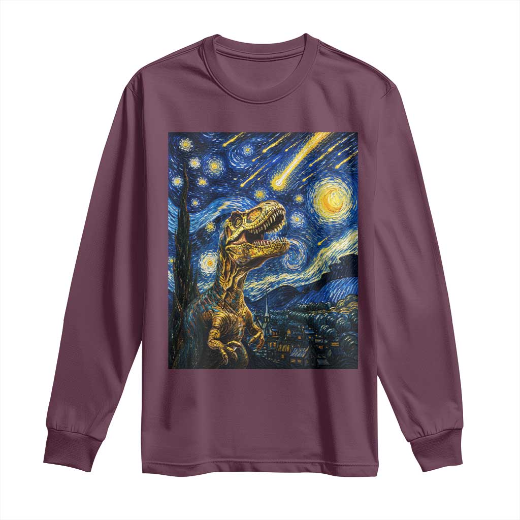 Dinosaur Starry Night Meteor Shower Long Sleeve Shirt Astronomy Lover Gift TS12 Maroon Print Your Wear