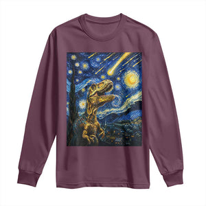 Dinosaur Starry Night Meteor Shower Long Sleeve Shirt Astronomy Lover Gift TS12 Maroon Print Your Wear