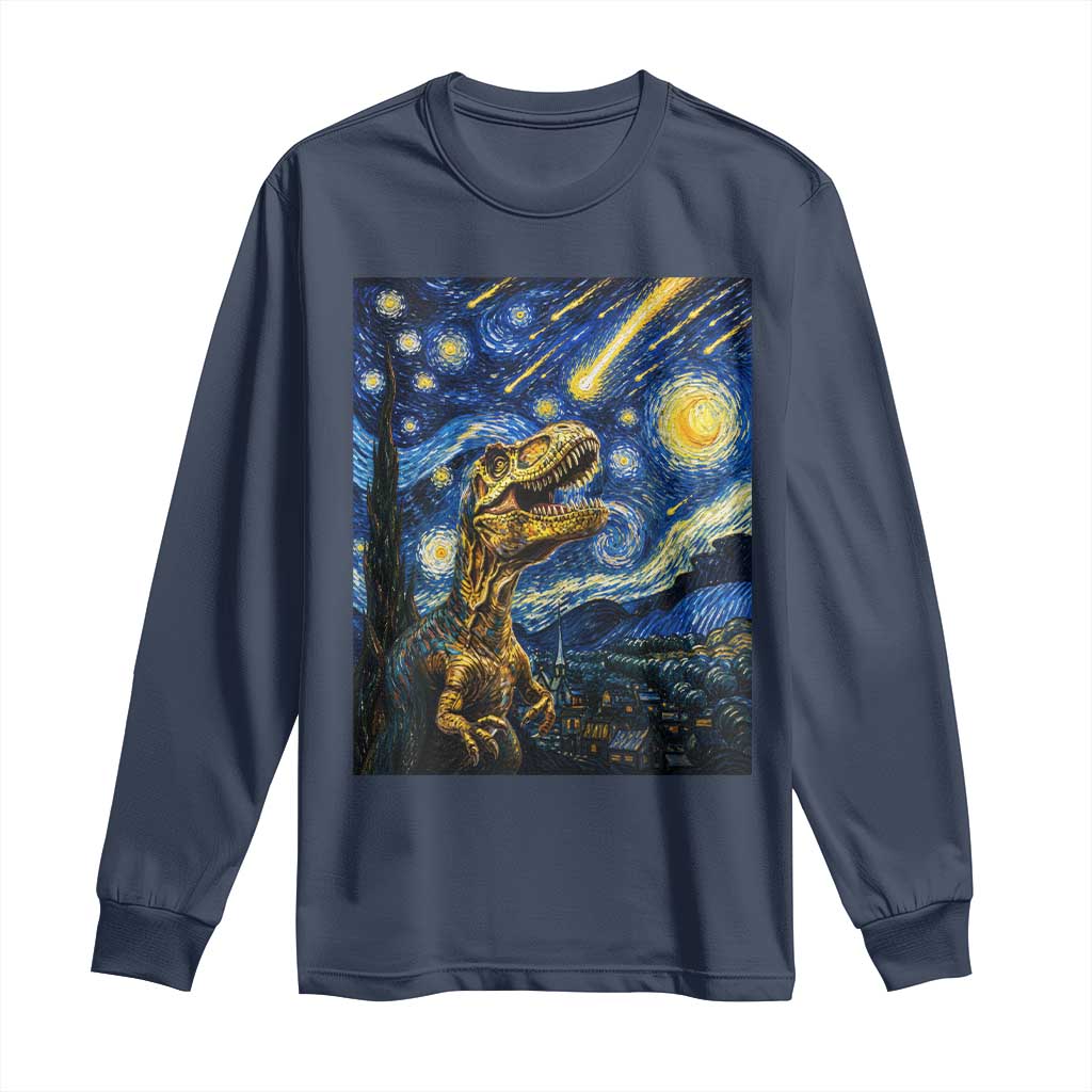 Dinosaur Starry Night Meteor Shower Long Sleeve Shirt Astronomy Lover Gift TS12 Navy Print Your Wear