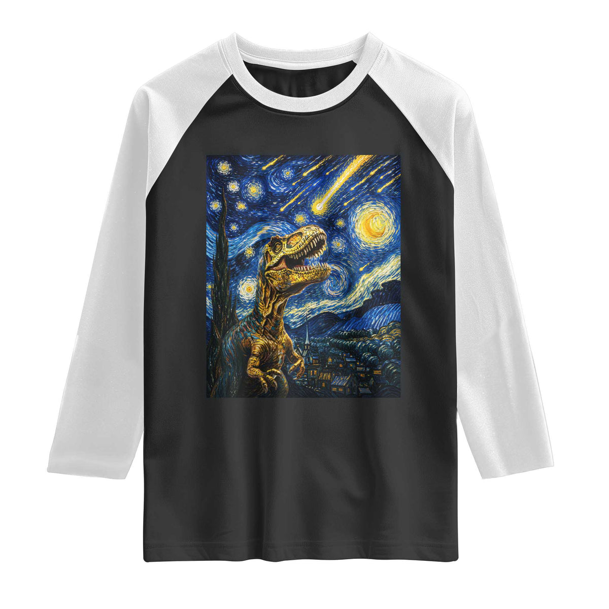 Dinosaur Starry Night Meteor Shower Raglan Shirt Astronomy Lover Gift TS12 Black White Print Your Wear