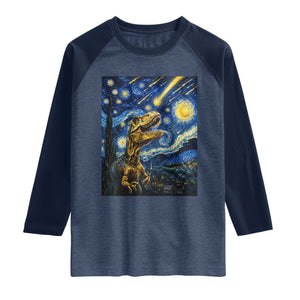 Dinosaur Starry Night Meteor Shower Raglan Shirt Astronomy Lover Gift TS12 Heather Denim Navy Print Your Wear