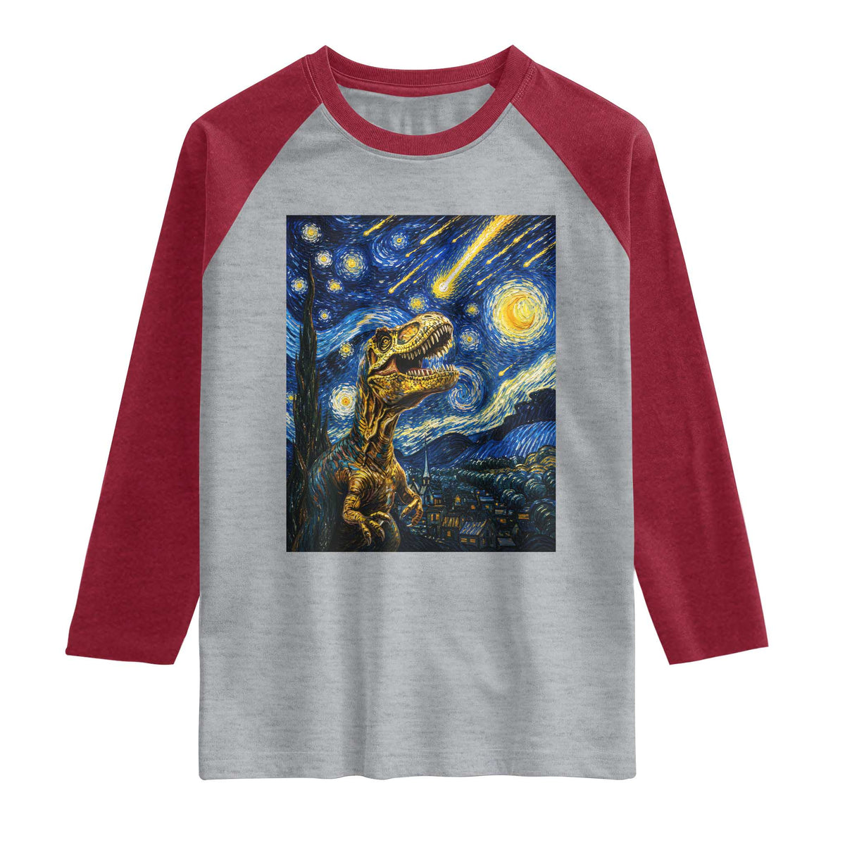 Dinosaur Starry Night Meteor Shower Raglan Shirt Astronomy Lover Gift TS12 Heather Gray Heather Red Print Your Wear