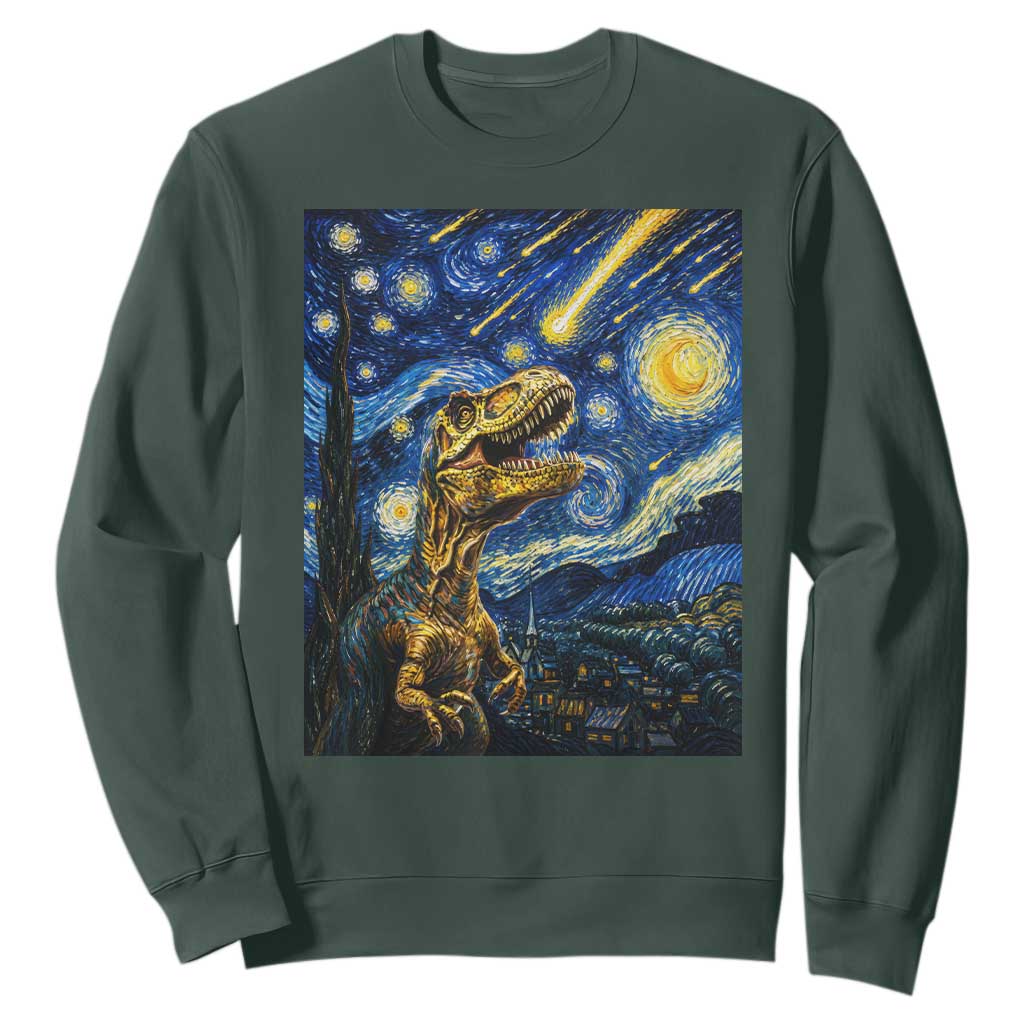 Dinosaur Starry Night Meteor Shower Sweatshirt Astronomy Lover Gift TS12 Dark Forest Green Print Your Wear