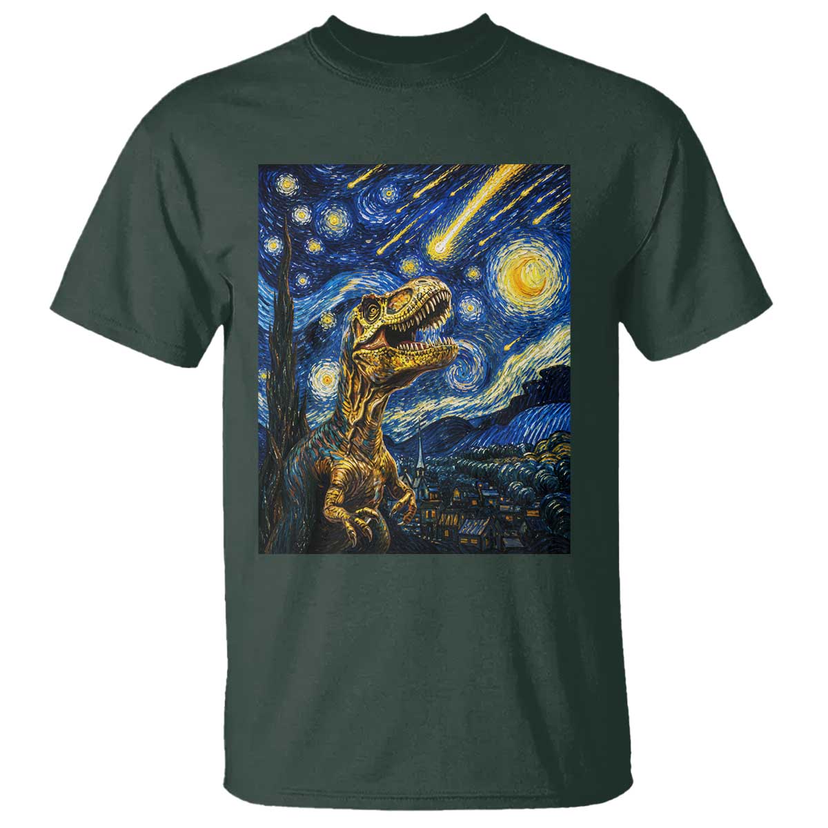 Dinosaur Starry Night Meteor Shower T Shirt Astronomy Lover Gift TS12 Dark Forest Green Print Your Wear