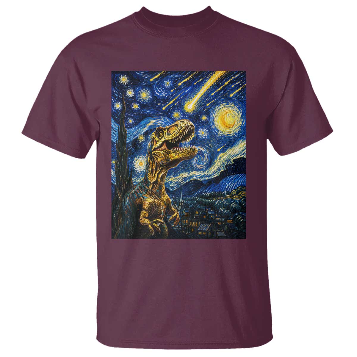 Dinosaur Starry Night Meteor Shower T Shirt Astronomy Lover Gift TS12 Maroon Print Your Wear