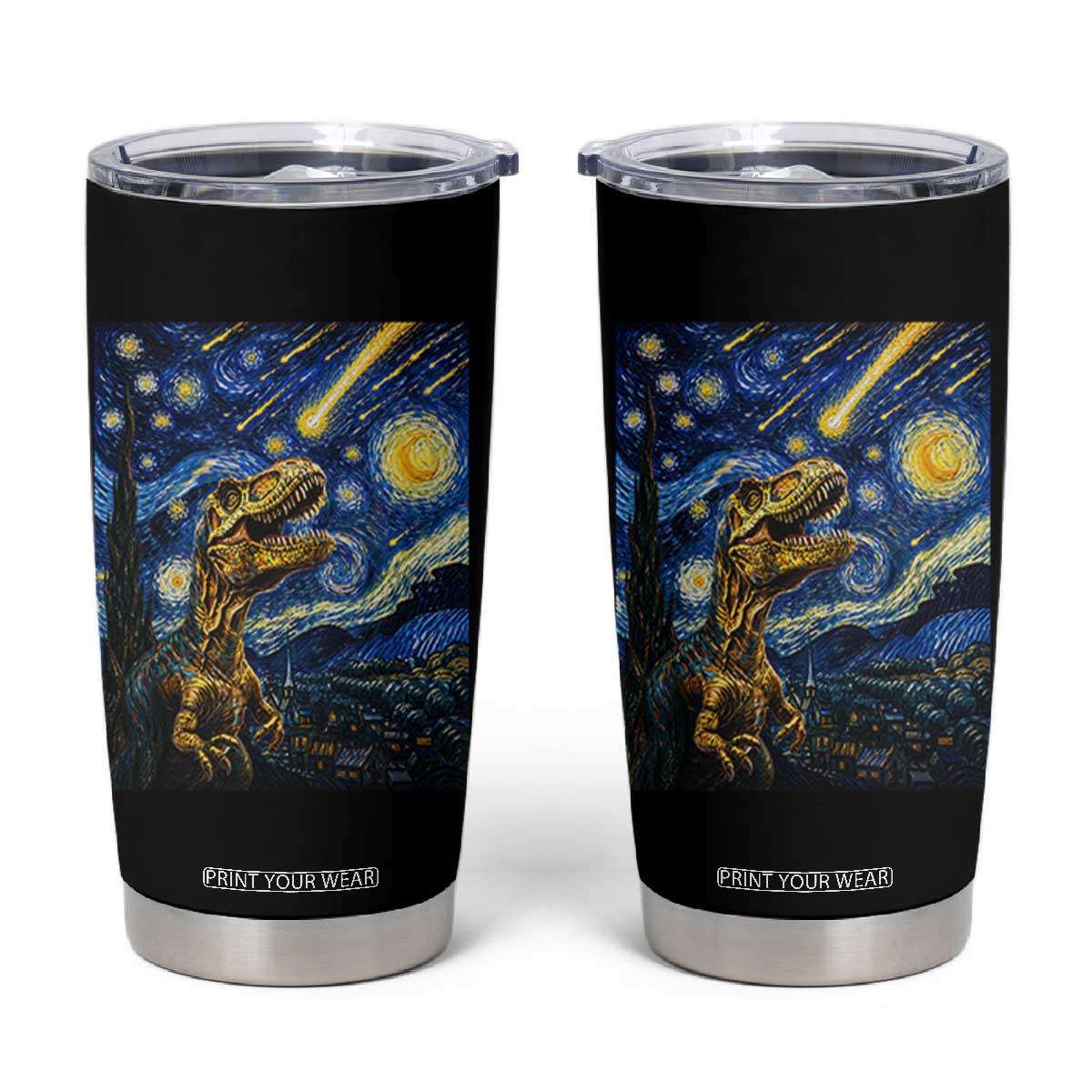 Dinosaur Starry Night Meteor Shower Tumbler Cup Astronomy Lover Gift TS12 Black Print Your Wear