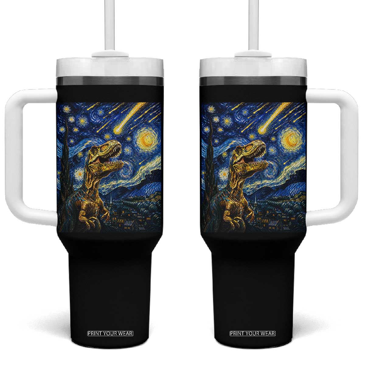 Dinosaur Starry Night Meteor Shower Tumbler With Handle Astronomy Lover Gift TS12 One Size: 40 oz Black Print Your Wear