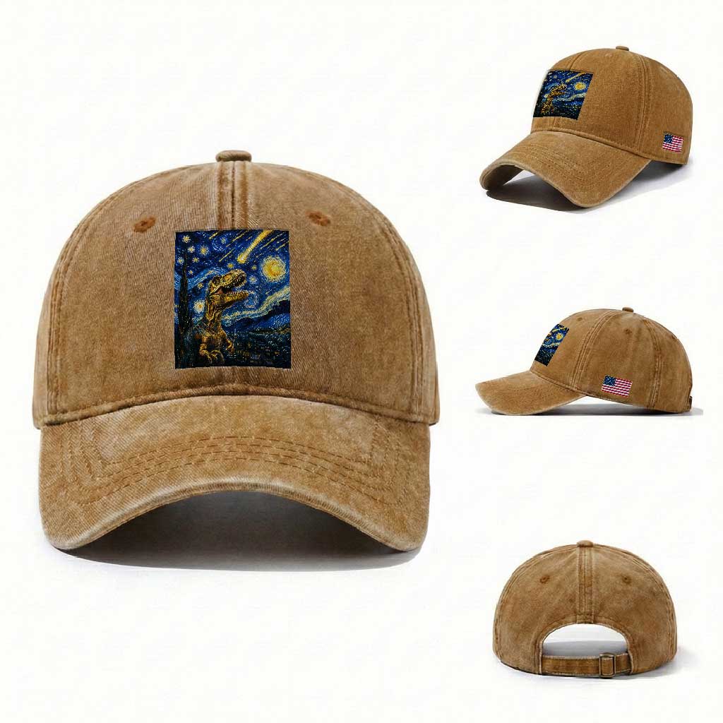 Dinosaur Starry Night Meteor Shower Washed Cotton Baseball Cap Astronomy Lover Gift TS12 Washed Cap Universal Fit Yellow Ochre Print Your Wear