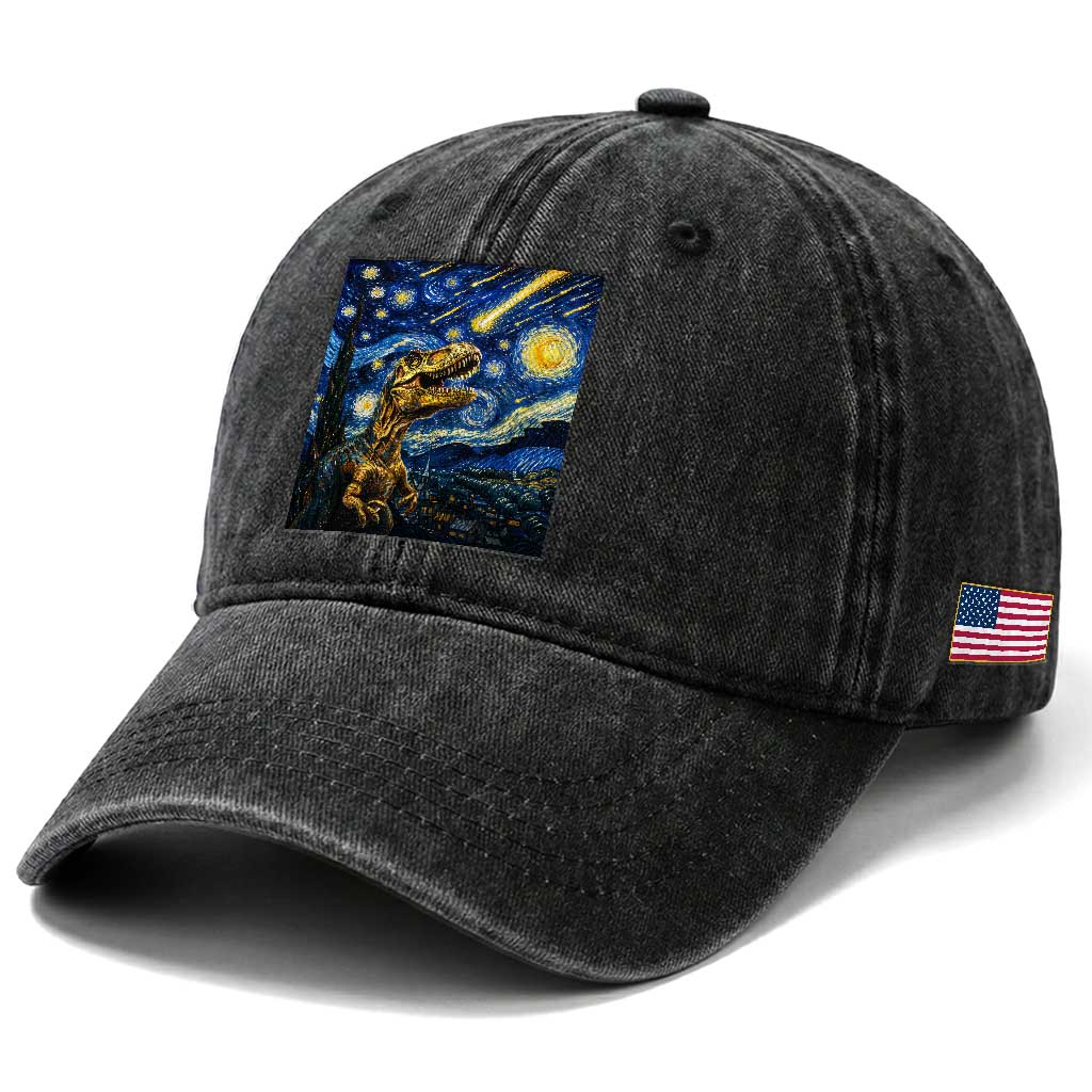 Dinosaur Starry Night Meteor Shower Washed Cotton Baseball Cap Astronomy Lover Gift TS12 Print Your Wear