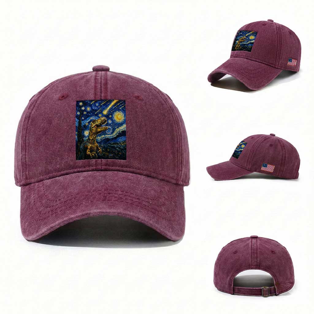 Dinosaur Starry Night Meteor Shower Washed Cotton Baseball Cap Astronomy Lover Gift TS12 Washed Cap Universal Fit Burgundy Print Your Wear