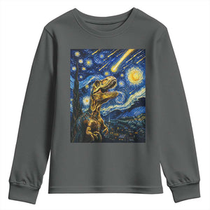 Dinosaur Starry Night Meteor Shower Youth Sweatshirt Astronomy Lover Gift TS12 Dark Heather Print Your Wear