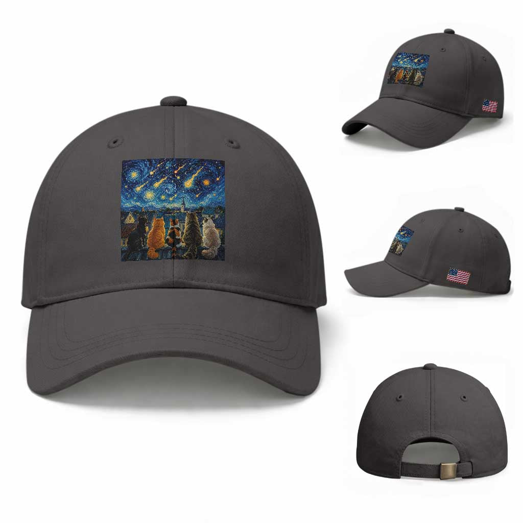 Starry Night Cats Watching Meteors Baseball Cap Astronomy Lover Gift TS12 Baseball Cap Universal Fit Dark Gray Print Your Wear