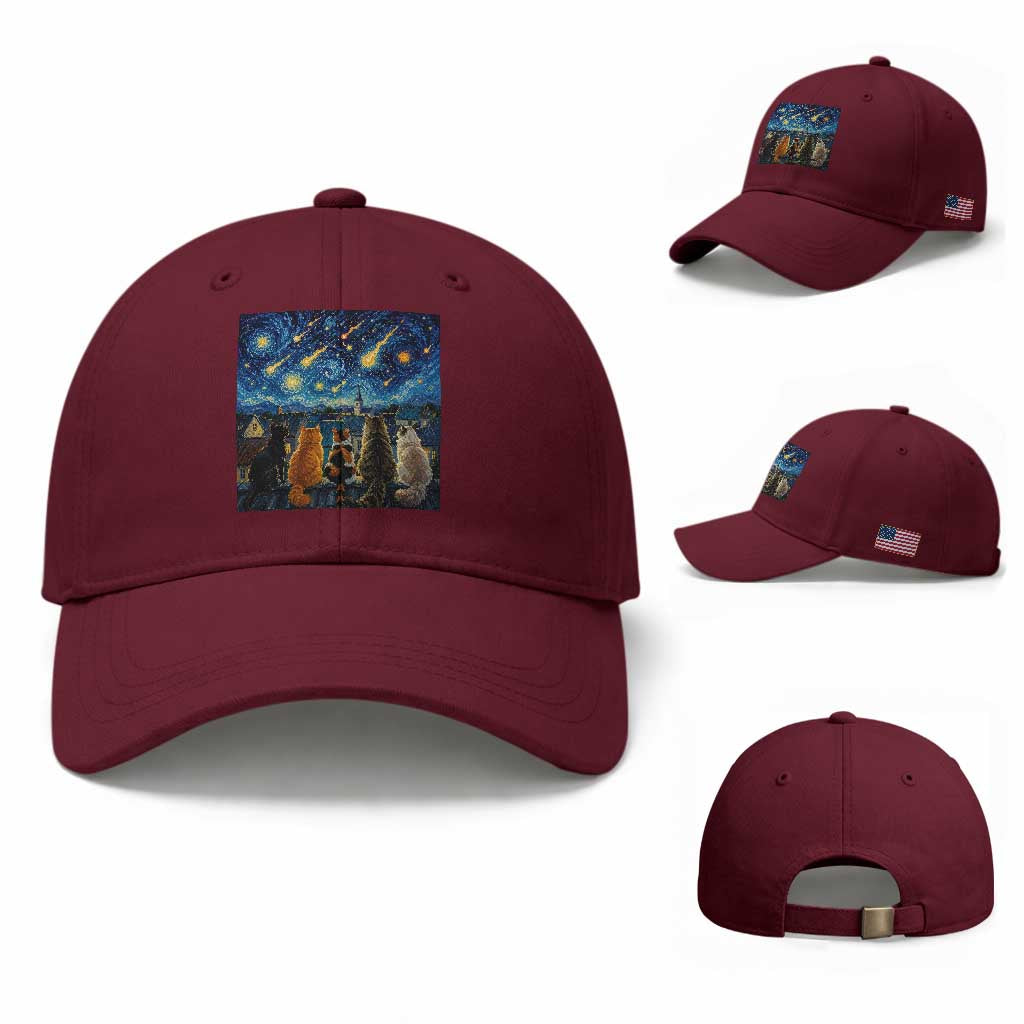 Starry Night Cats Watching Meteors Baseball Cap Astronomy Lover Gift TS12 Baseball Cap Universal Fit Maroon Print Your Wear