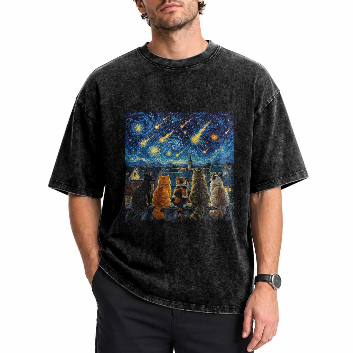Starry Night Cats Watching Meteors Washed Cotton T-Shirt Astronomy Lover Gift
