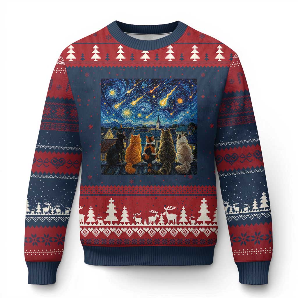 Starry Night Cats Watching Meteors Ugly Christmas Sweater Astronomy Lover Gift TS12 Navy Red Print Your Wear