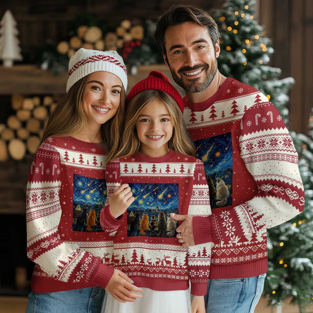 Starry Night Cats Watching Meteors Ugly Christmas Sweater Astronomy Lover Gift TS12 Red Beige Print Your Wear