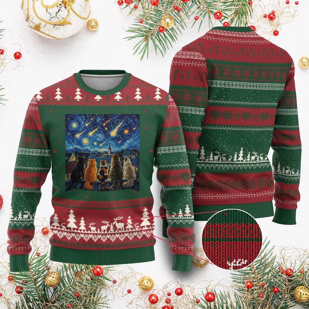 Starry Night Cats Watching Meteors Ugly Christmas Sweater Astronomy Lover Gift TS12 Red Green Print Your Wear