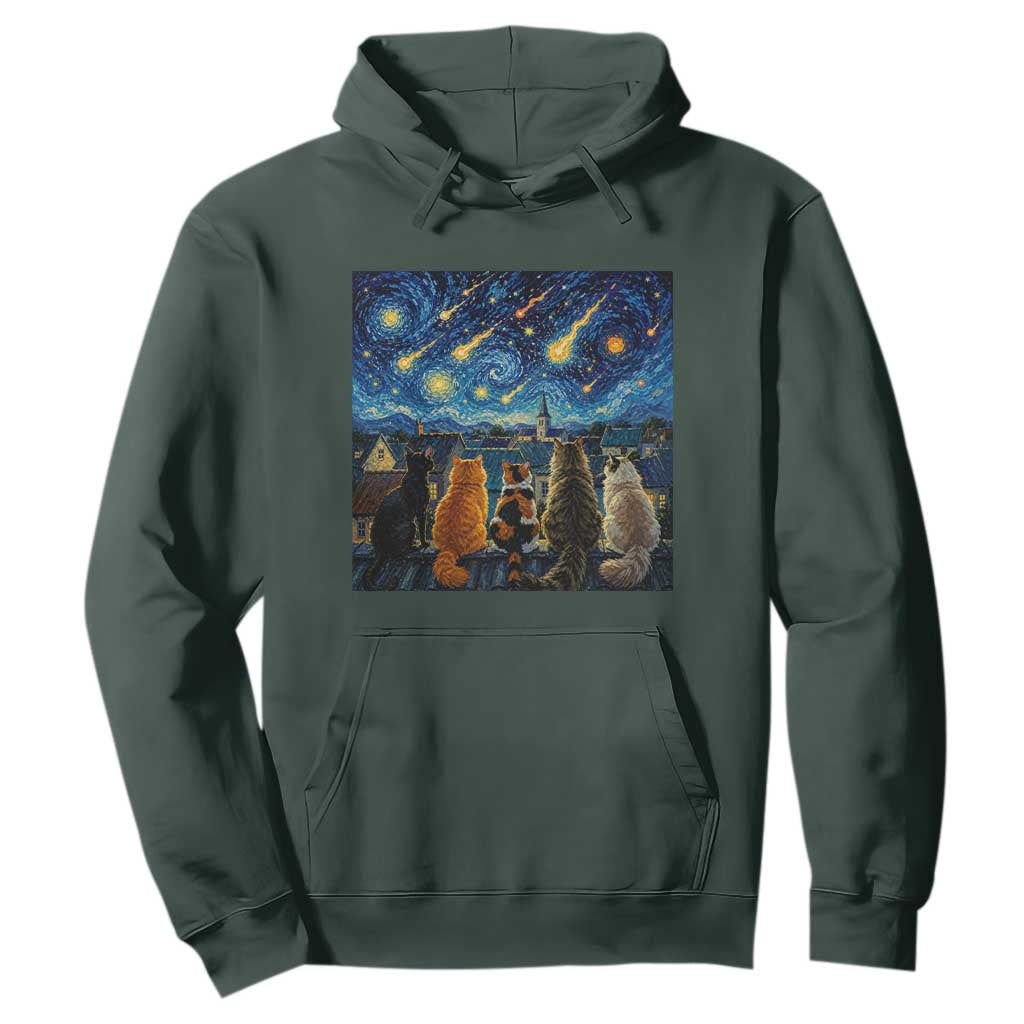 Starry Night Cats Watching Meteors Hoodie Astronomy Lover Gift TS12 Dark Forest Green Print Your Wear