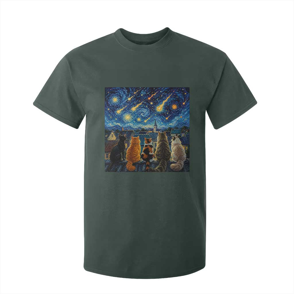 Starry Night Cats Watching Meteors T Shirt For Kid Astronomy Lover Gift TS12 Dark Forest Green Print Your Wear