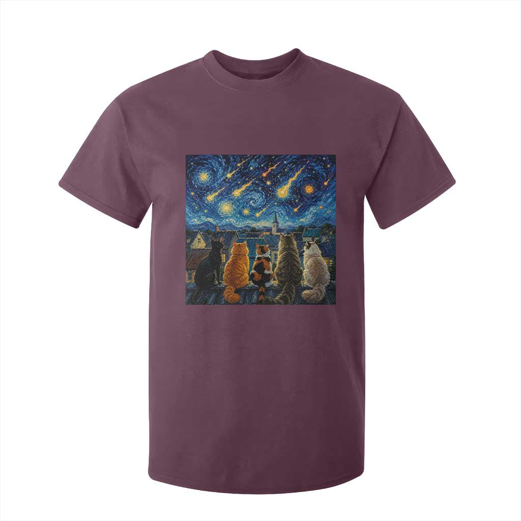 Starry Night Cats Watching Meteors T Shirt For Kid Astronomy Lover Gift TS12 Maroon Print Your Wear