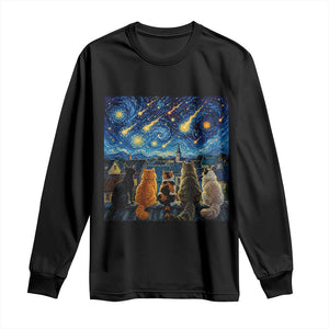 Starry Night Cats Watching Meteors Long Sleeve Shirt Astronomy Lover Gift TS12 Black Print Your Wear