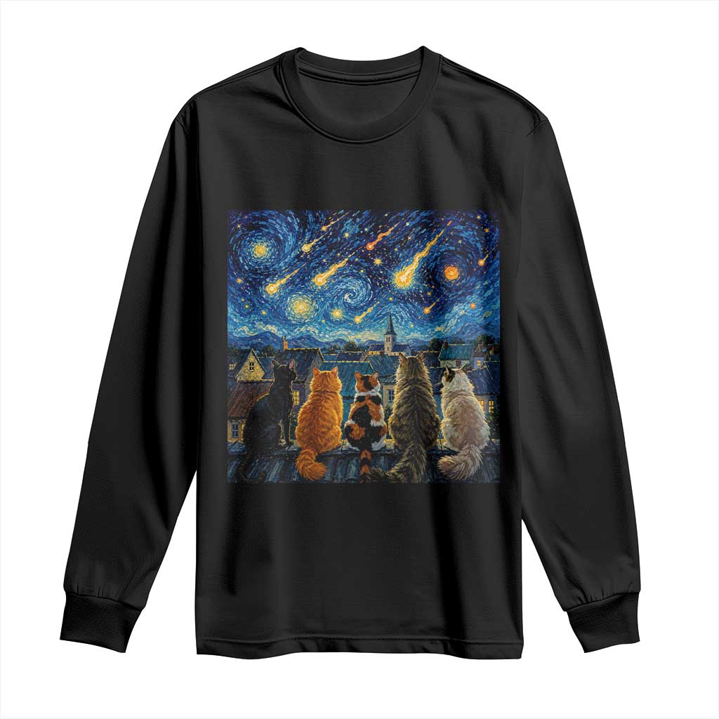 Starry Night Cats Watching Meteors Long Sleeve Shirt Astronomy Lover Gift TS12 Black Print Your Wear