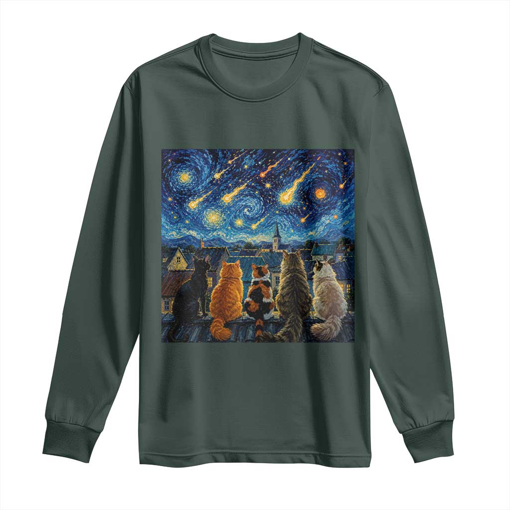 Starry Night Cats Watching Meteors Long Sleeve Shirt Astronomy Lover Gift TS12 Dark Forest Green Print Your Wear